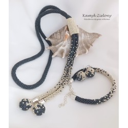 Szaro-srebrny komplet - naszyjnik z opaską, bransoletka, kolczyki