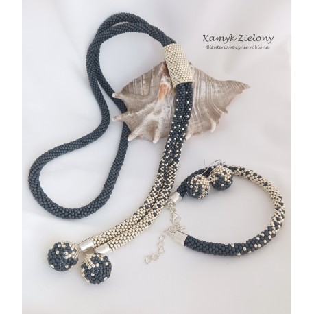 Szaro-srebrny komplet - naszyjnik z opaską, bransoletka, kolczyki