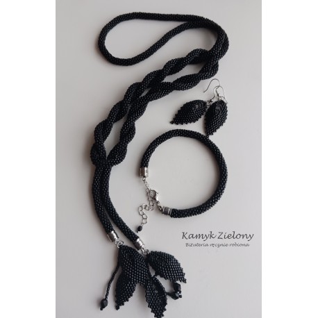 Komplet czarny - lariat, bransoletka, kolczyki - wykończenia stal chirurgiczna