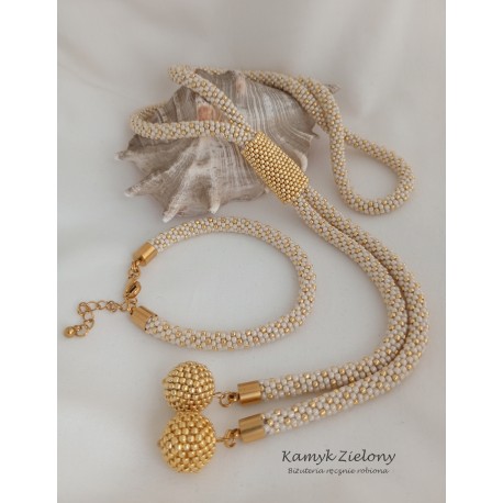 Komplet naszyjnik z opaską i bransoletka - beżowo-złoty
