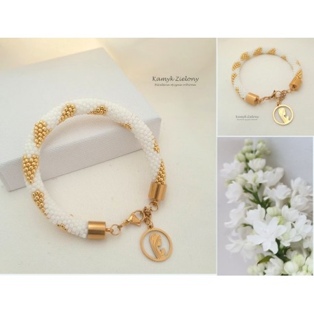 Bransoletka biało-złota z motywem religijnym